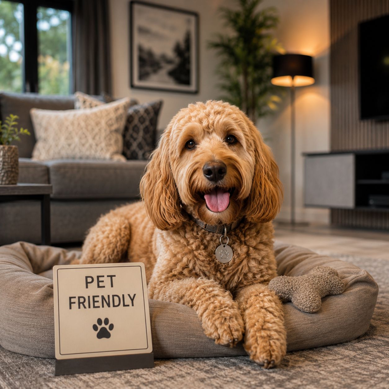 A dog in a basket in a luxury holiday accommodation in Southport, Merseyside